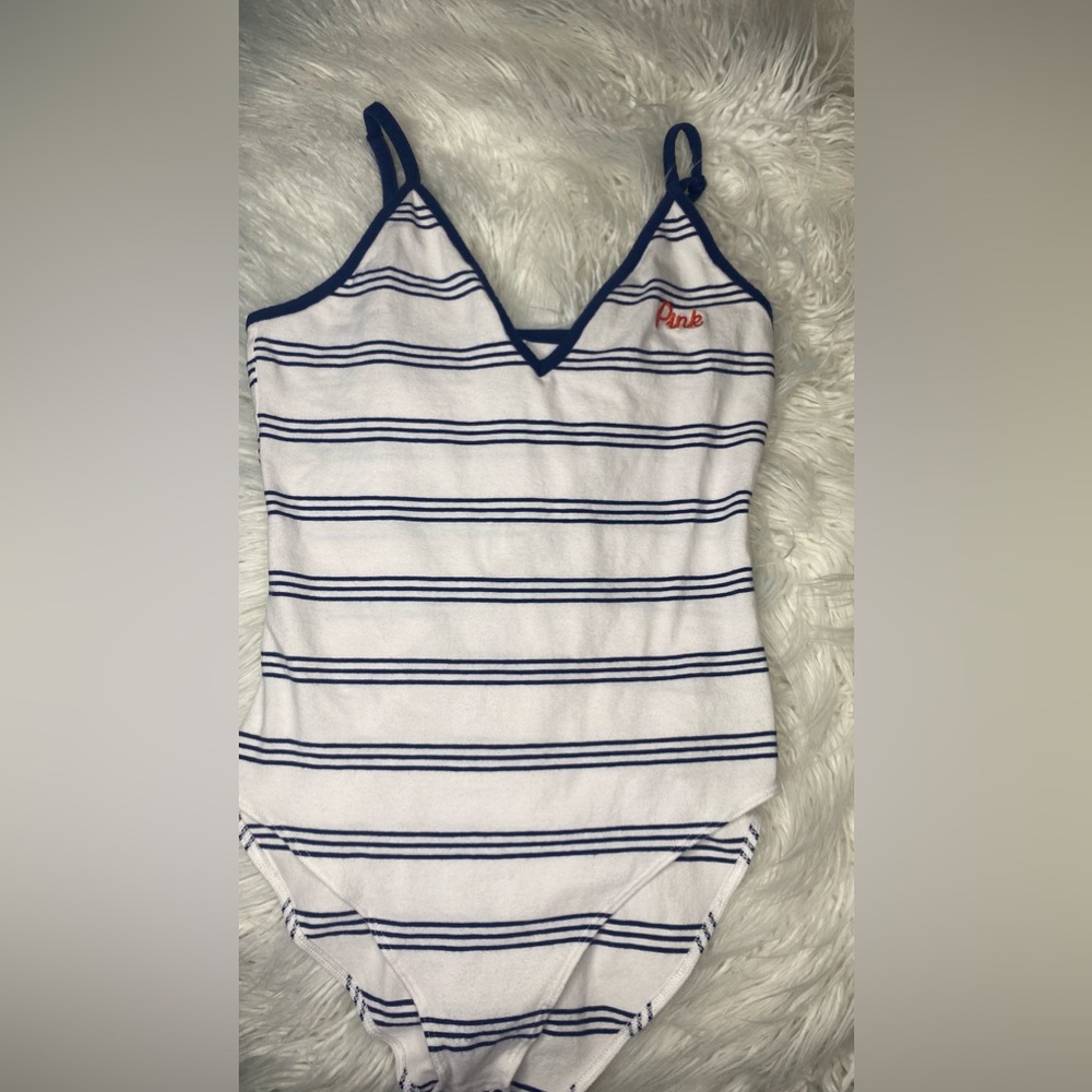 Pink Victoria’s Secret size, small bodysuit, blue, white, and orange